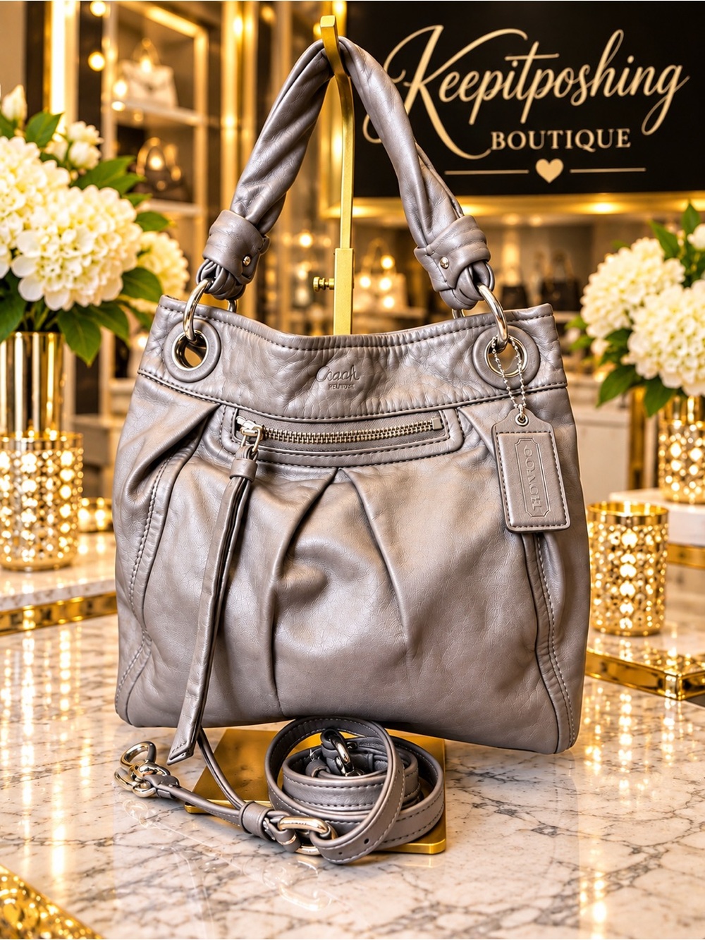 Coach Parker Gray Leather Hobo Bag with Detachable Strap